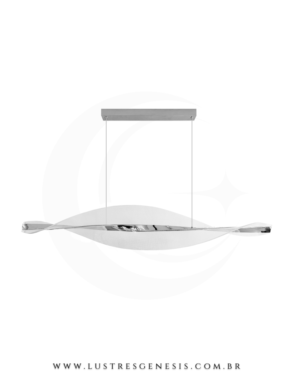 Lustre pendente de teto, com design moderno em forma de onda, estrutura em metal dourado e acrílico branco.